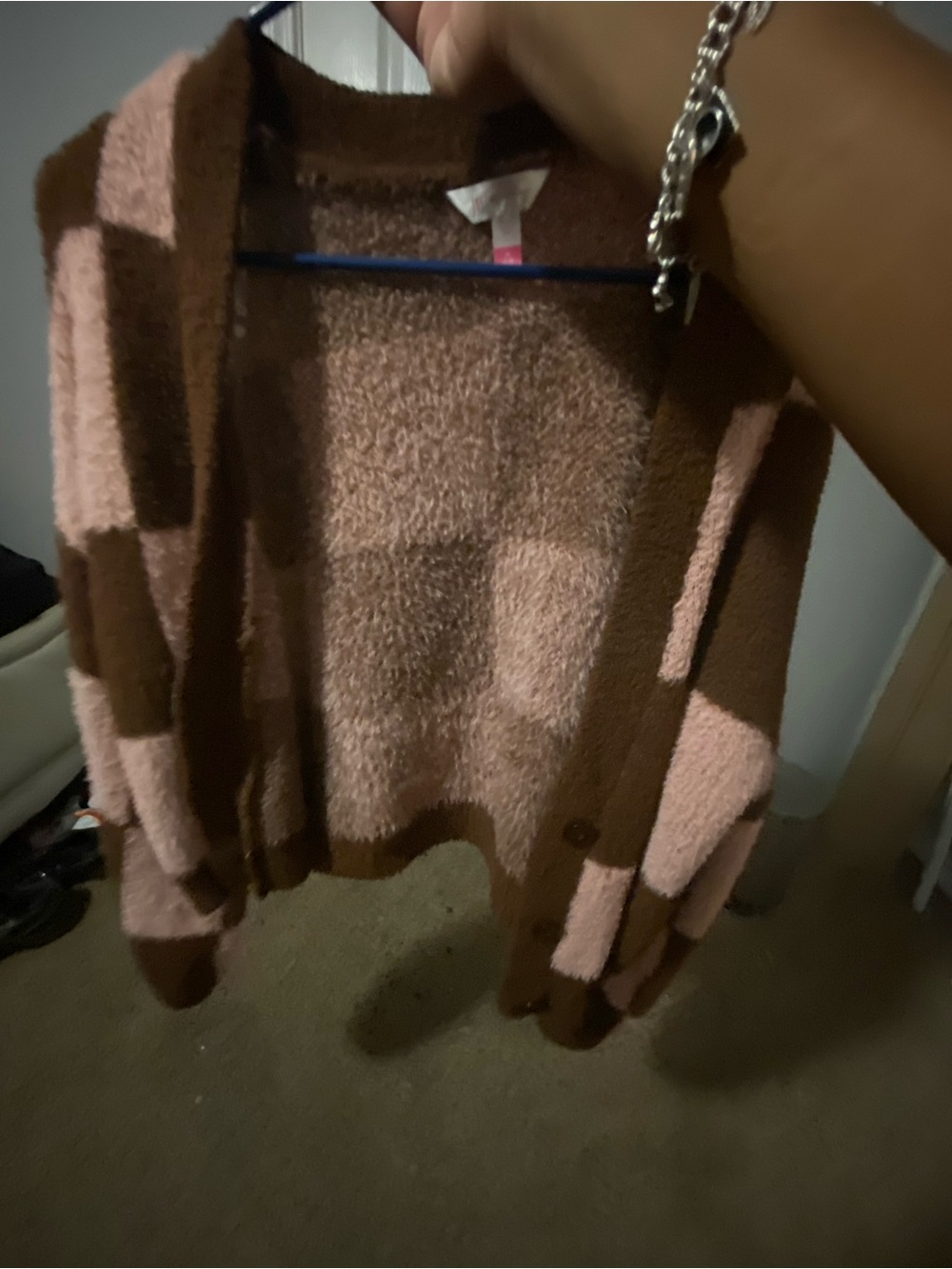 Cozy Pink and Brown Check Cardigan Sweater